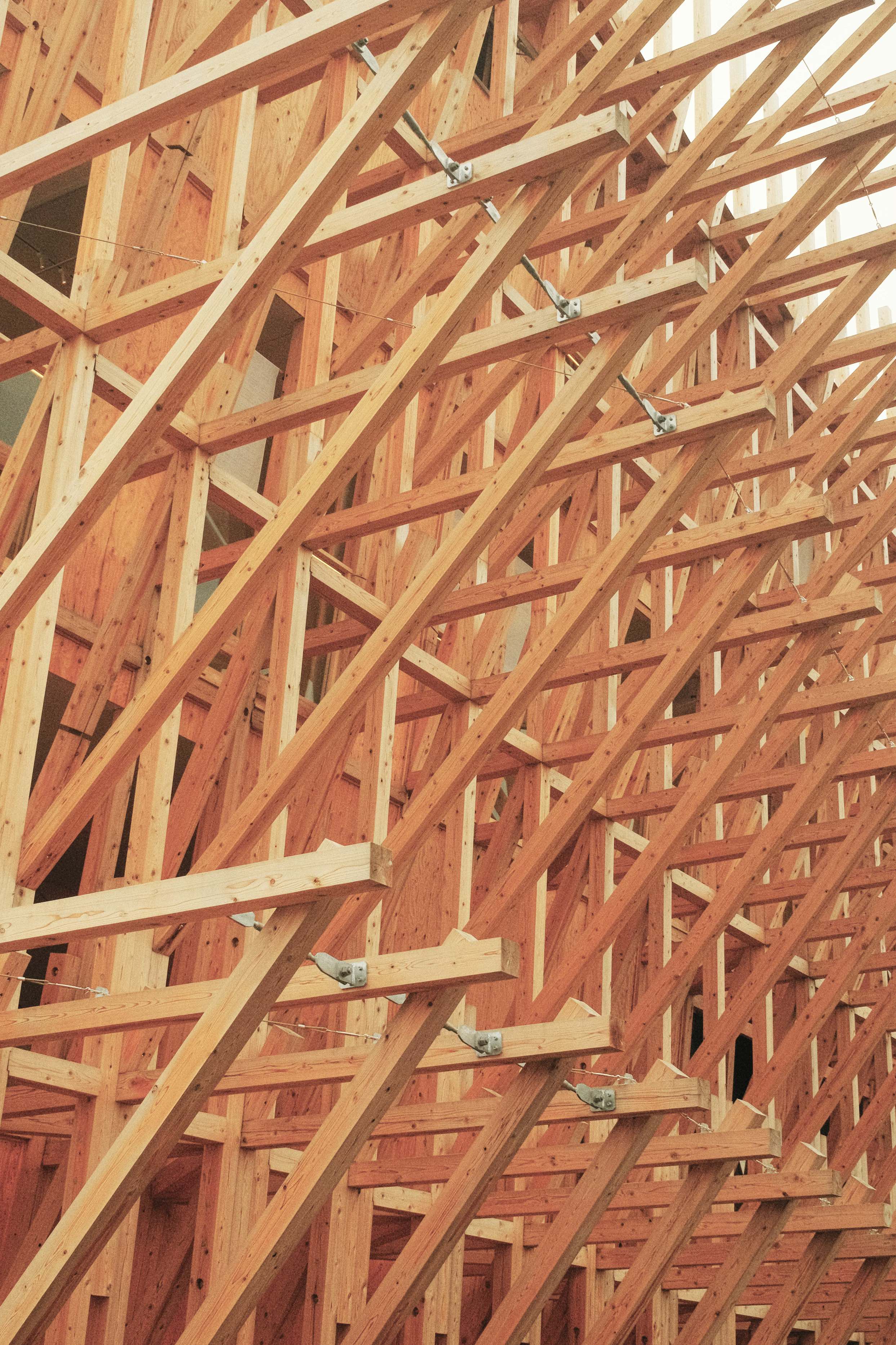 Detailed view of wooden roof framing and structural beams